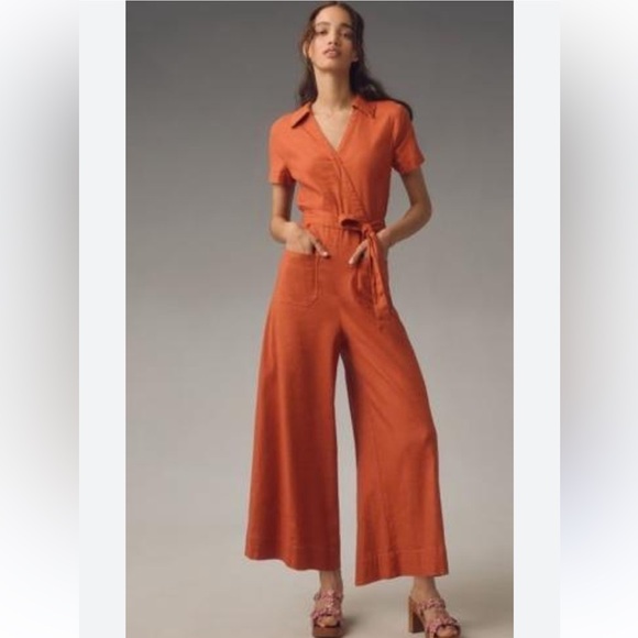 Maeve Pants - New Anthropologie Maeve Colette Linen Portside Wrap Jumpsuit Burnt Orange Rust 6